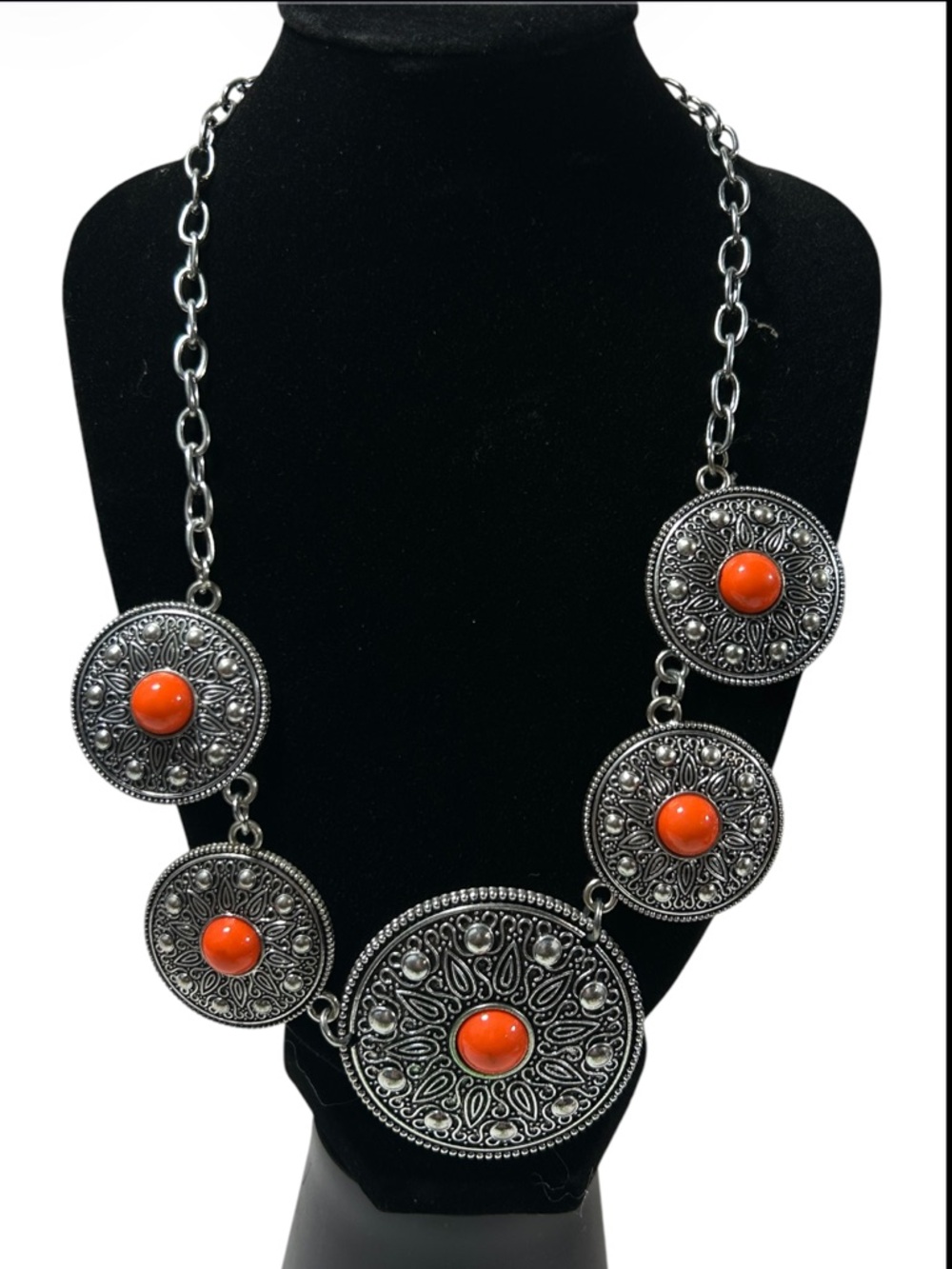 Boho Silver Medallion Statement Necklace Orange Cabochon Ethnic Bib Jewelry